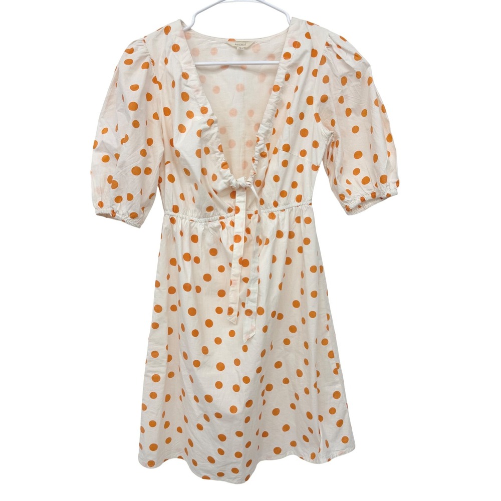 Sim & Sam Polka Dot Puff Sleeve Tie Front Mini Dress Womens Small White Orange